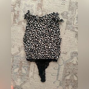 Free People Black and Cream Leopard Bodysuit with Lace